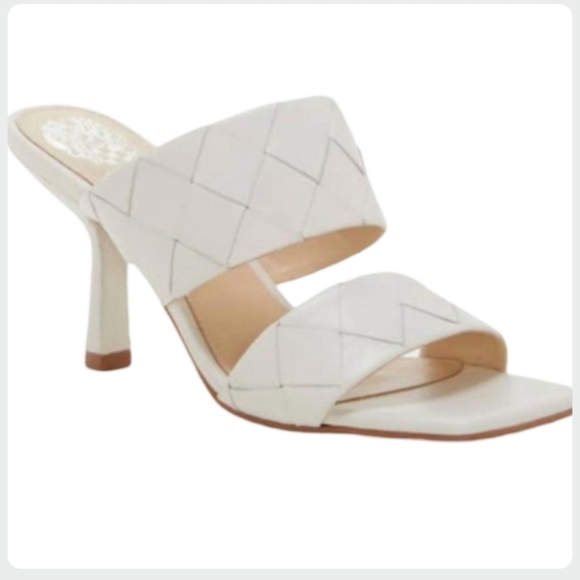 Vince Camuto Woven Leather Heeled Mules | White Wedding Special Occasion Sandals - Picture 2 of 9